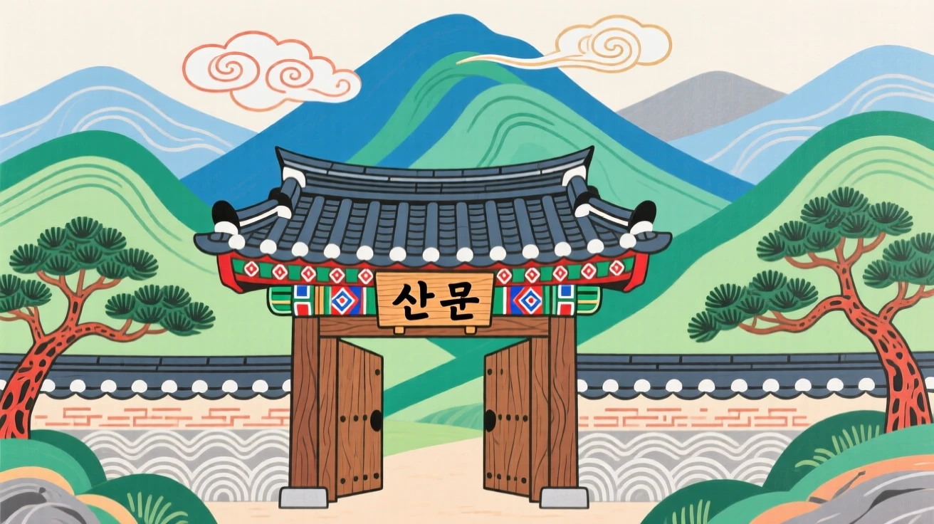 A mountain temple gate nestled among distant mountains.