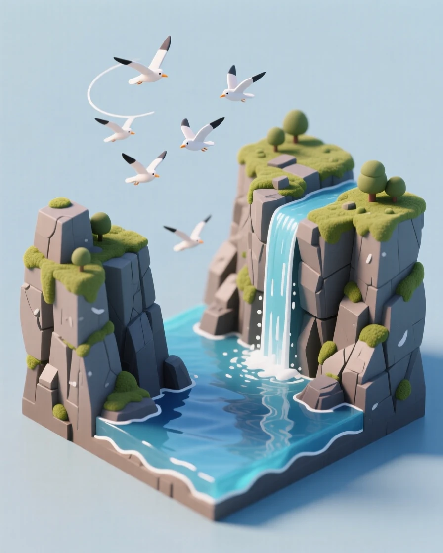A rugged fjord landscape with steep cliffs plunging into deep blue water, a waterfall streaming down the rock face, and seabirds wheeling above.