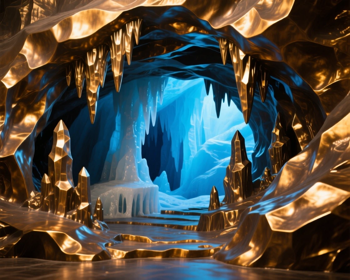 A hidden ice cave glowing with blue light, bathed in the warm hues of golden hour, offering a breathtaking sense of place