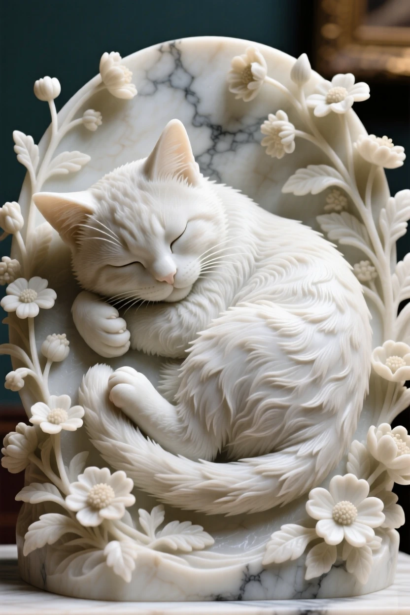A striking close-up of a kitten curled up asleep, full of life and grace, amid blooming wildflowers