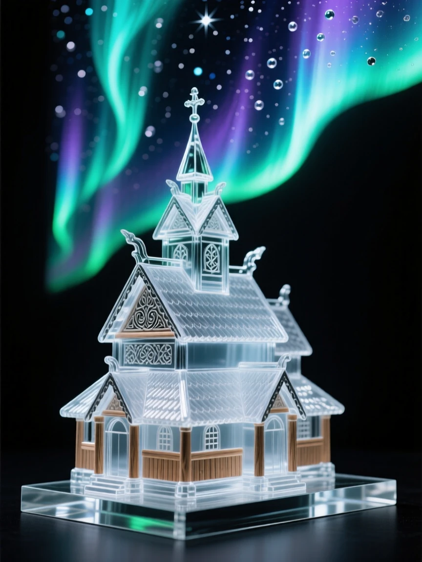 The Northern Lights over a Scandinavian stave church under a starry night sky, long soft light trails in the distance, composition emphasizing scale and grandeur.