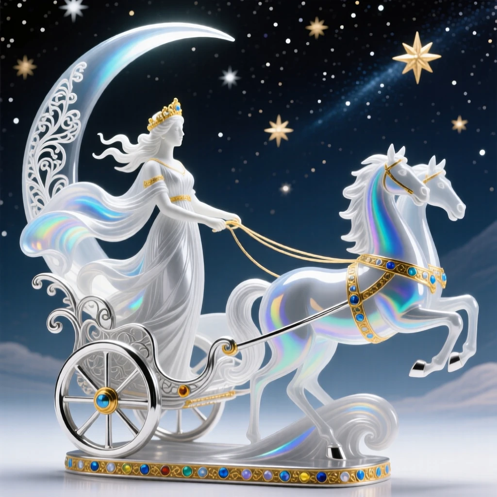 Selene the moon goddess driving her silver chariot across a starlit sky, serene and celestial.