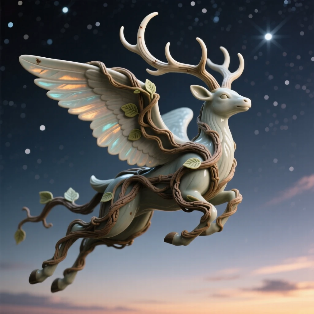 A gentle forest guardian made of vines and antlers frozen mid-flight against a starry sky, its wings catching the last light of dusk, conveying protective strength and loyal guardianship.