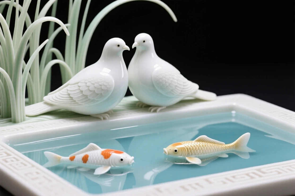 A pair of doves resting side by side in tall grass beside an ornamental koi pool.