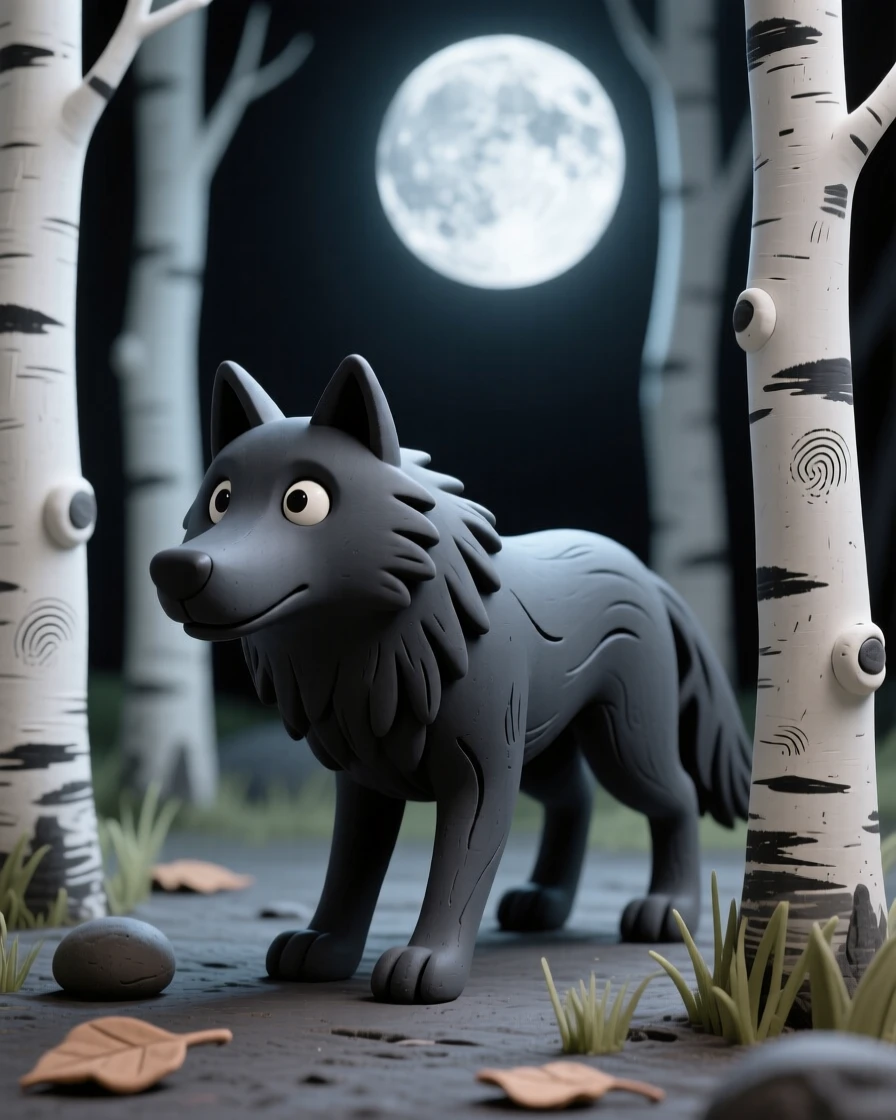 A shadow wolf padding silently through a moonlit birch forest