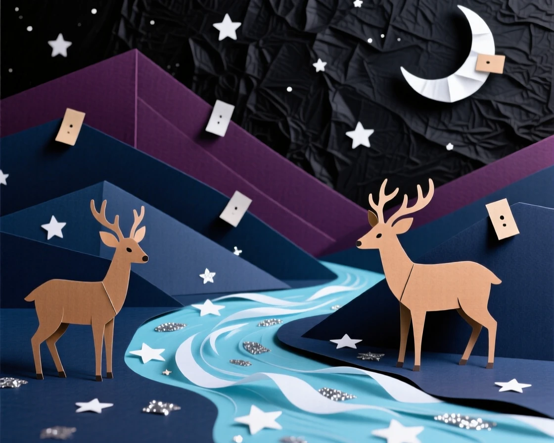 A river of stars flowing gently across a quiet valley at night, illuminating the silhouettes of grazing deer, evoking celestial tranquility.