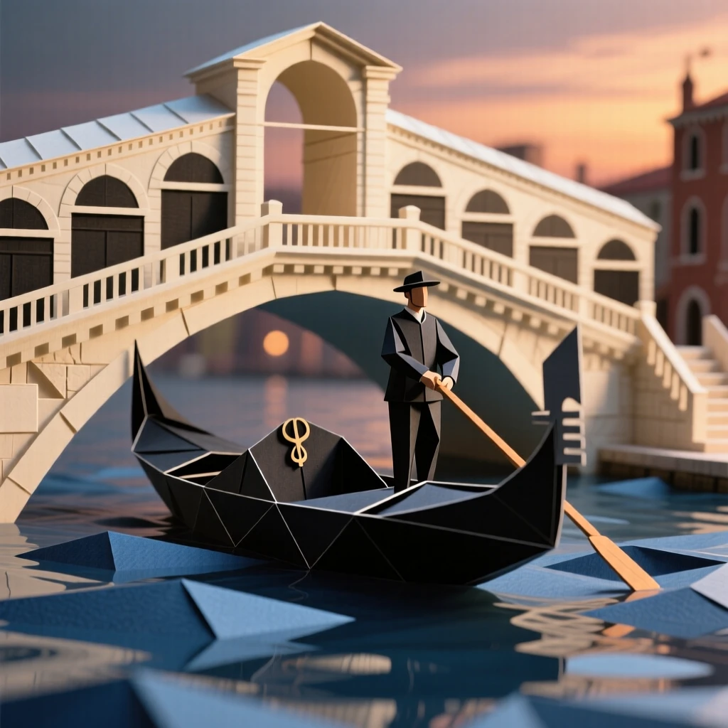A traditional gondola drifting beneath the Rialto Bridge at dusk in Venice.
