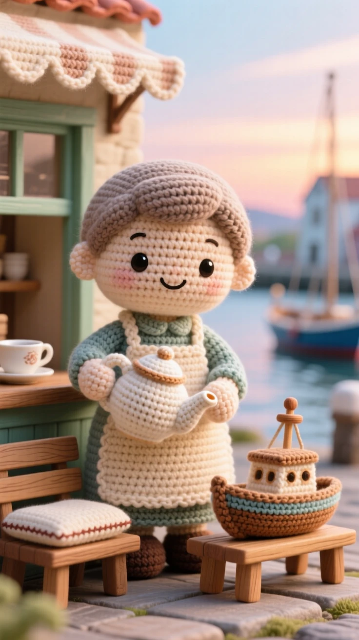 a gentle tea shop owner, with a delicate teapot in hand, is captured pouring tea for a small gathering in a small harbor town at sunrise beside a small wooden toy left on a bench, radiating tender patience and unhurried craftsmanship.