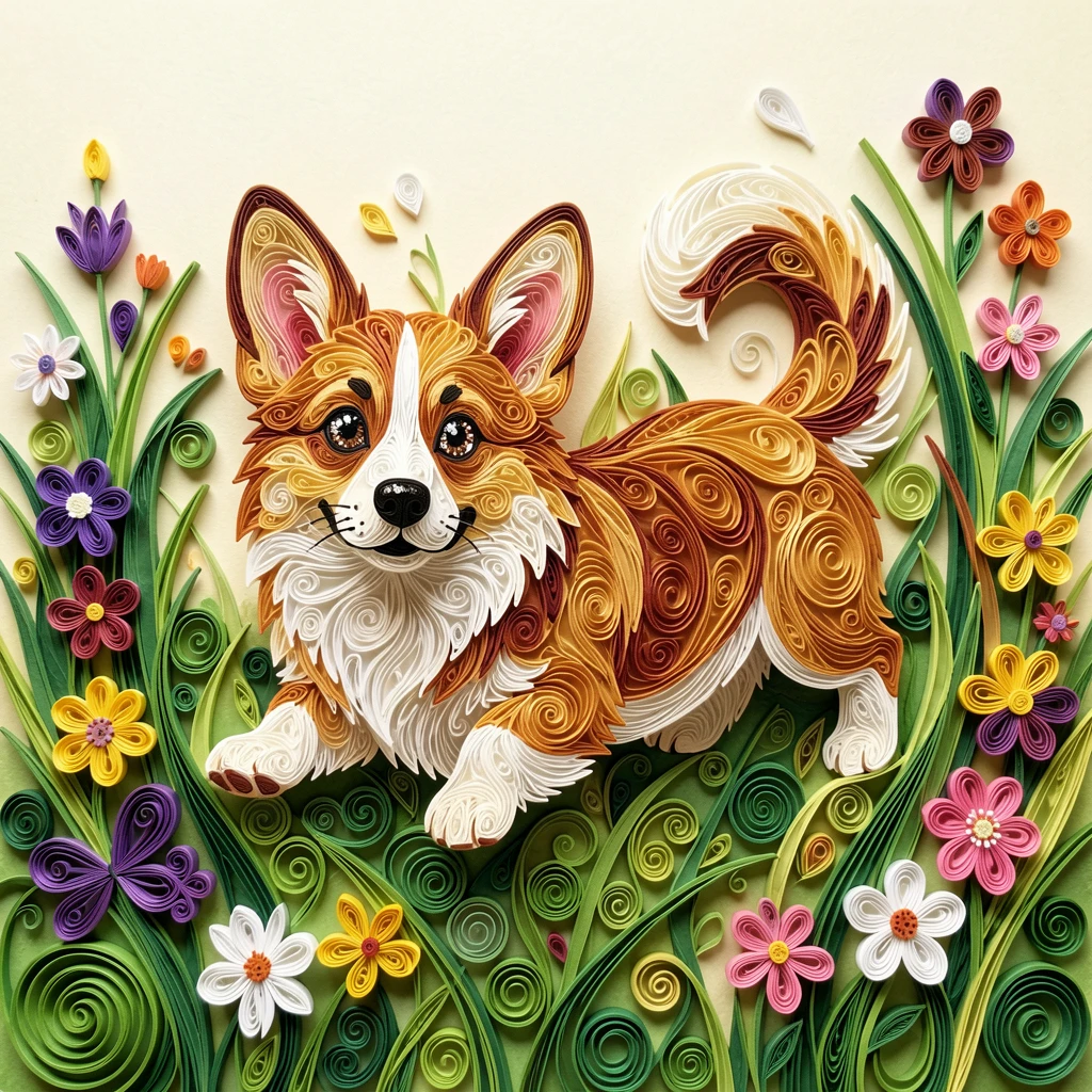 A heartwarming scene of a corgi puppy chasing its own fluffy tail in a sunlit meadow scattered with wildflowers, with a shallow sense of depth drawing focus to the eyes, with tiny sparkling highlights catching the light.