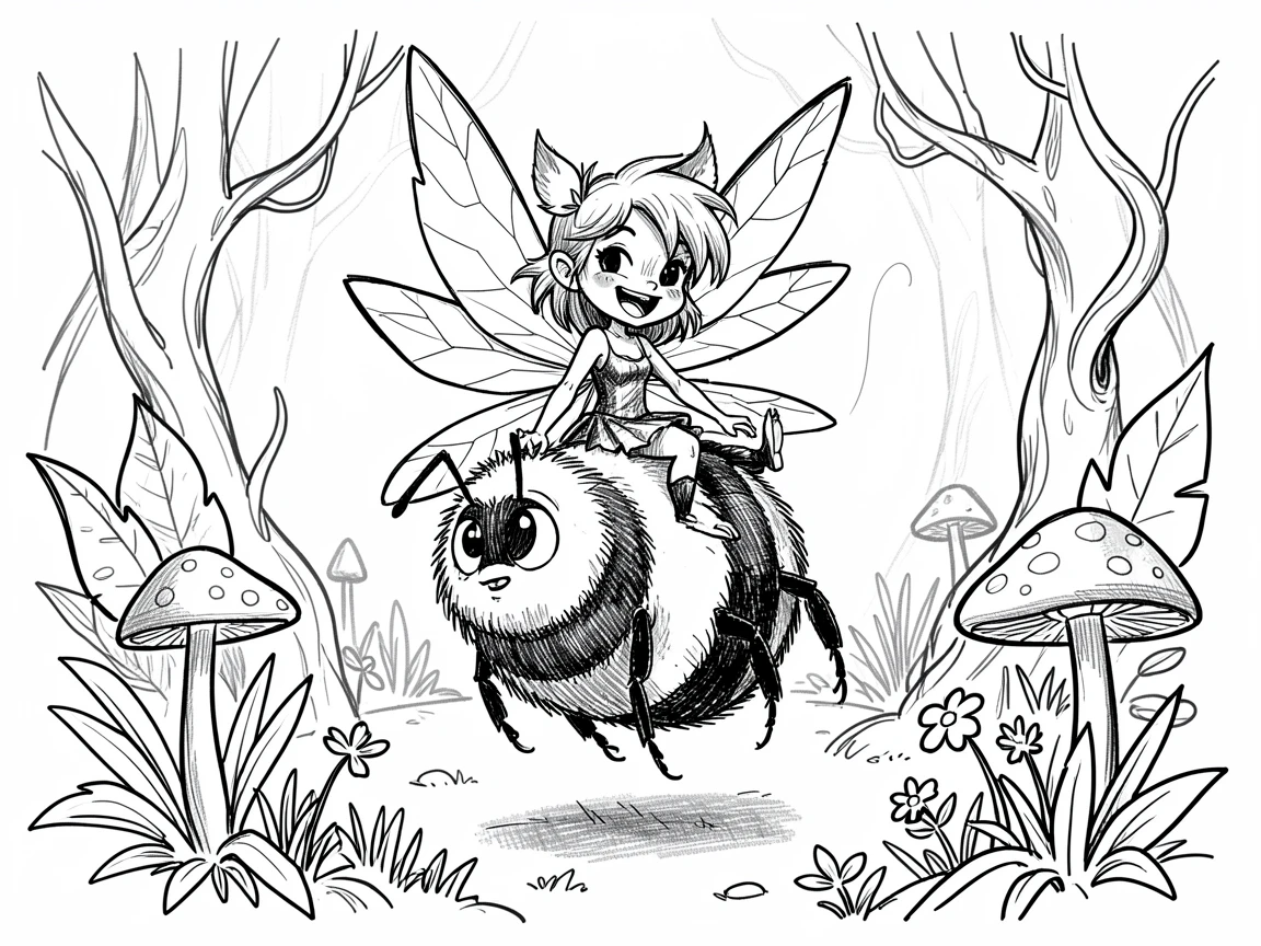 A pixie riding a bumblebee in an enchanted forest clearing.