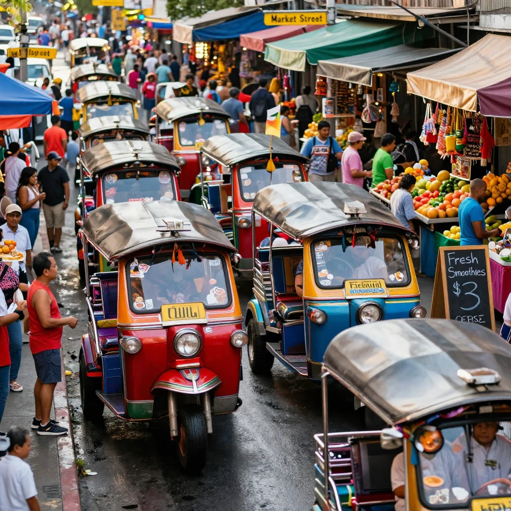 A traffic jam of colorful tuk-tuks inches through a bustling market street.