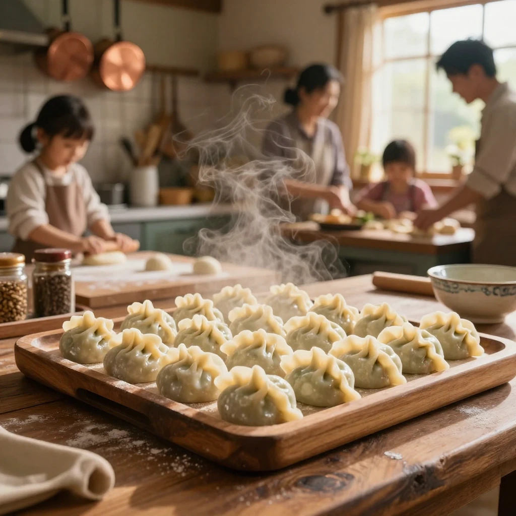 A tray of handmade dumplings steaming in the kitchen in a bustling family kitchen
