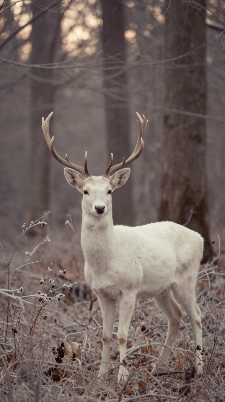 A rare albino deer standing silently at a forest's edge, in the pale light just before sunrise, in crisp, dry air, under the first snow of winter, with a soft sepia-tinted glow, at eye level, intimate and direct.