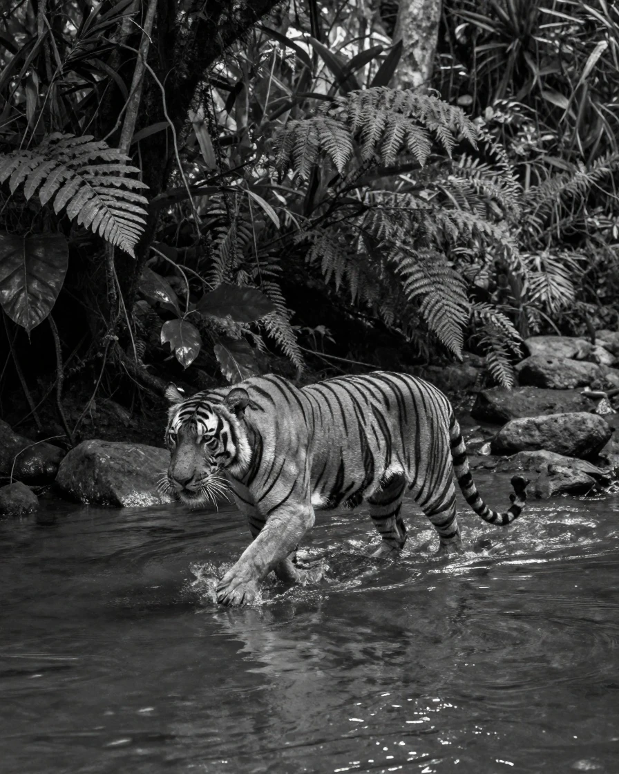 A tiger wades through a shallow jungle stream along a quiet jungle riverbank.