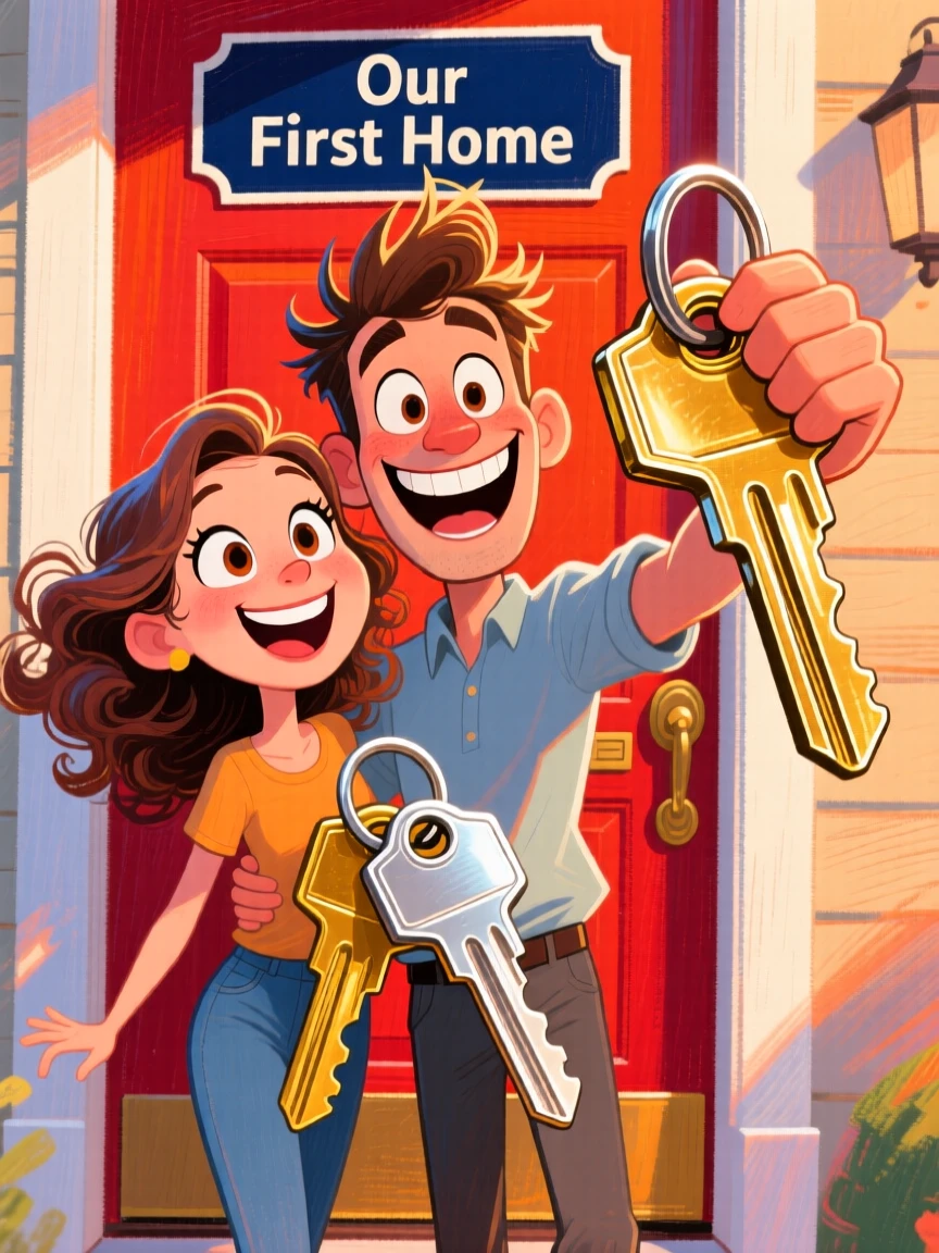 A couple moving into their first home, keys held up in front of the front door.