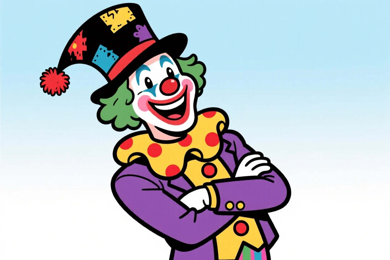 A charming portrait of a playful clown, leaning back with arms crossed and a confident smile, wearing their favorite well-worn hat.