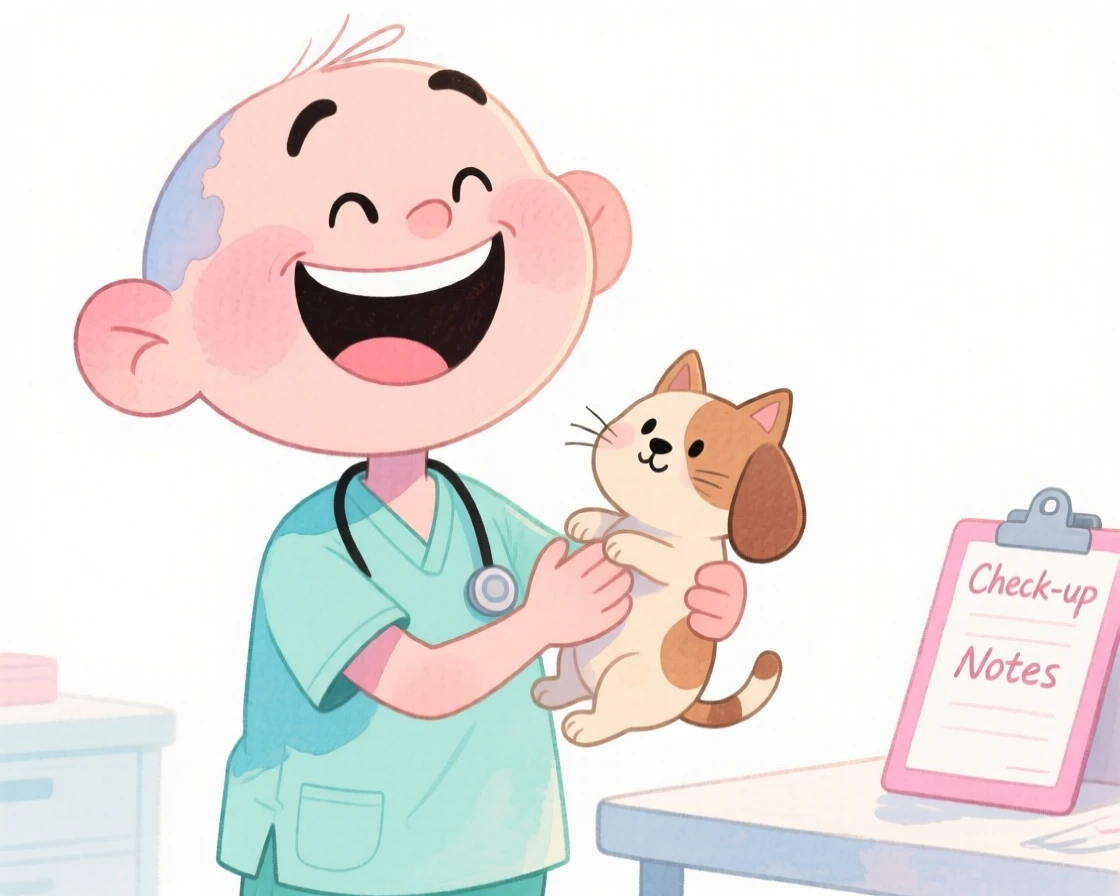 A veterinarian laughing mid-task with genuine warmth