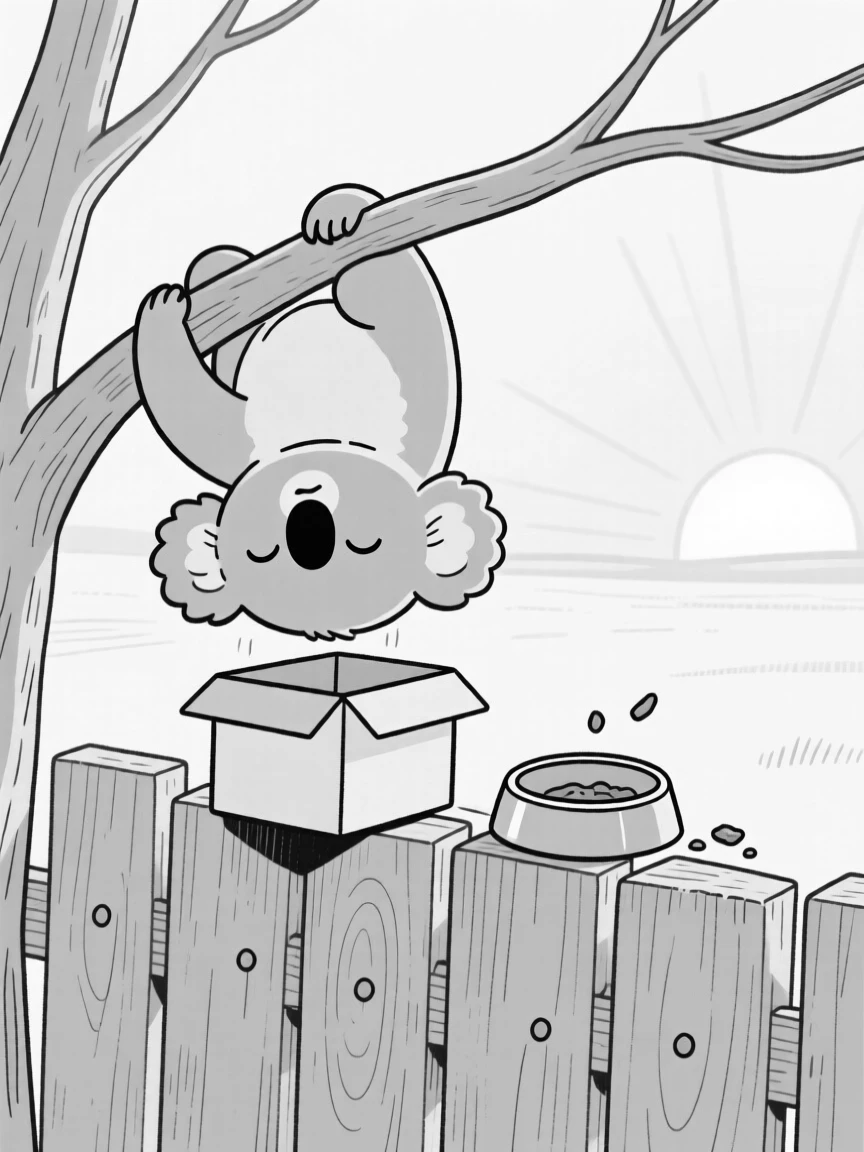 A sleepy koala clinging to a branch upside down, trying to fit into a box far too small, set atop a rustic wooden fence at sunrise. A food bowl sits tipped over and empty. It's an irresistibly charming slice of animal personality.