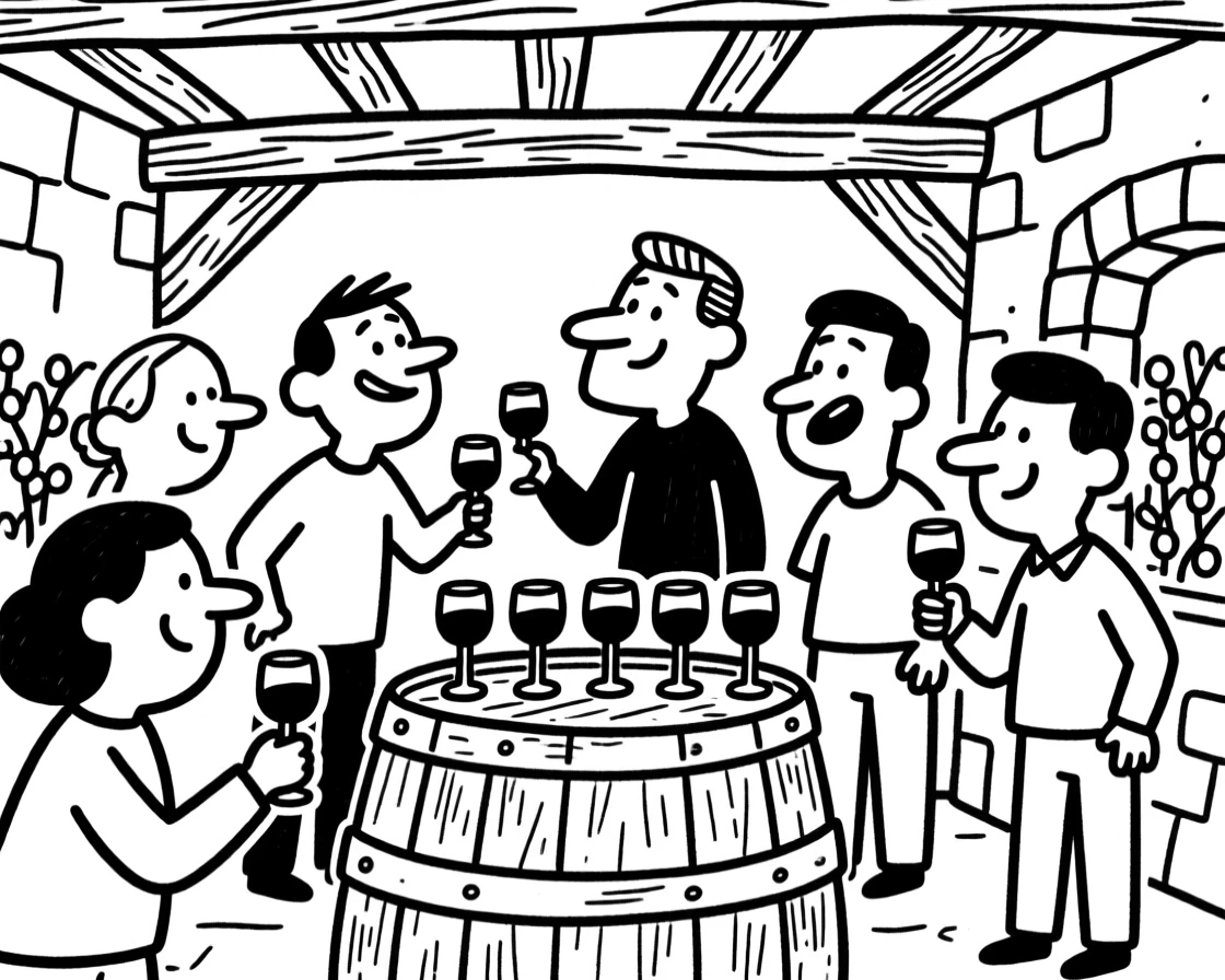 A wine tasting scene in a rustic vineyard cellar, glasses lined up on a barrel.