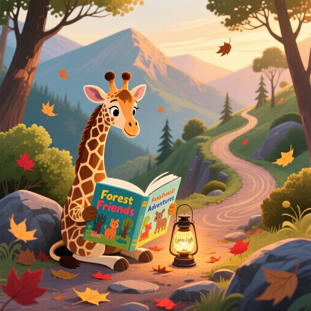 In a winding mountain trail, a long-necked giraffe calf spends the afternoon reading a picture book by lantern light, with a trail of fallen leaves swirling around.