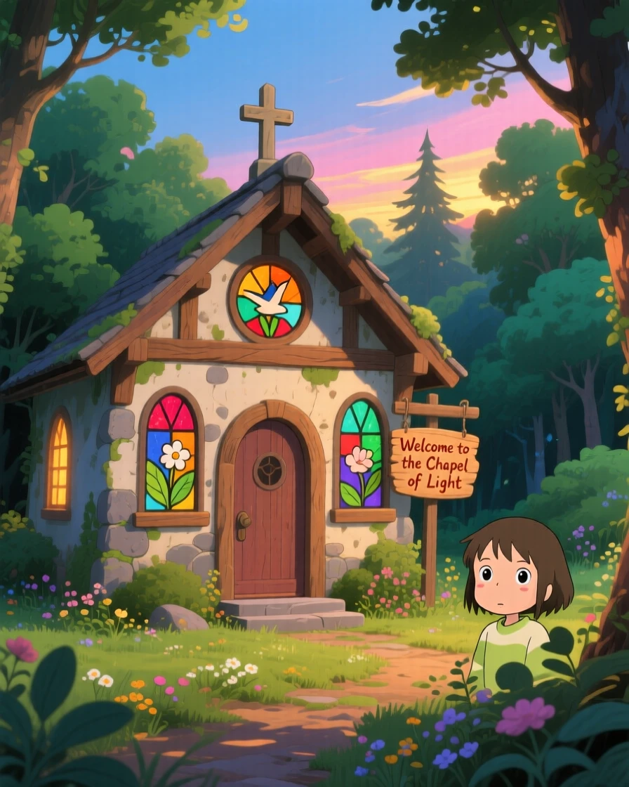 A charming view of a chapel with stained glass windows glowing from within, with warm light glowing from every window.