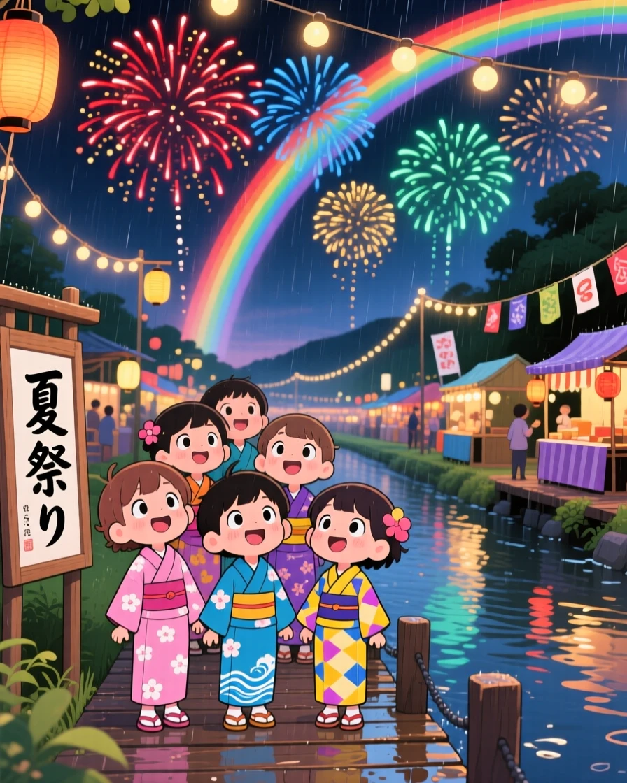 Full-body shot of children in yukata robes, watching fireworks bloom over a summer festival, in a riverside festival at night, under a rainbow after the rain, illuminated by glowing string lights, radiating curious excitement.