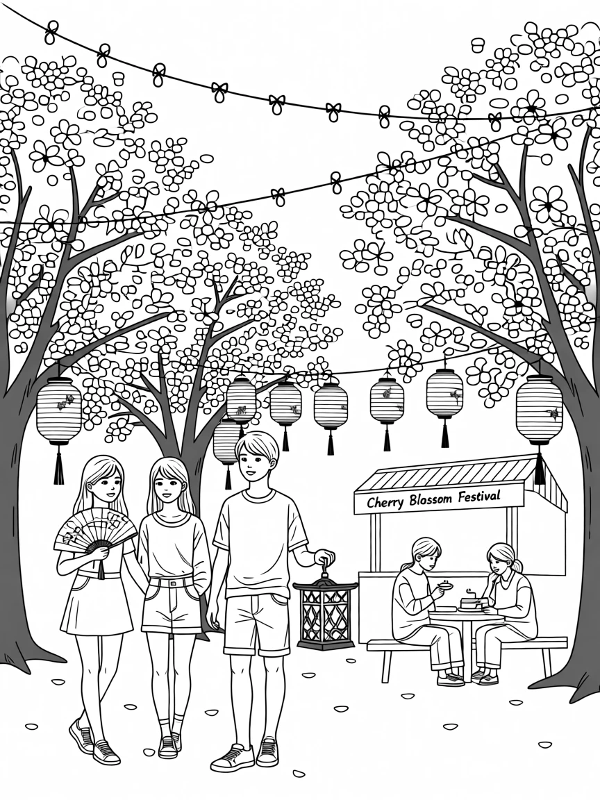 A cherry blossom festival with lanterns strung between trees, with strings of lights framing the setting.