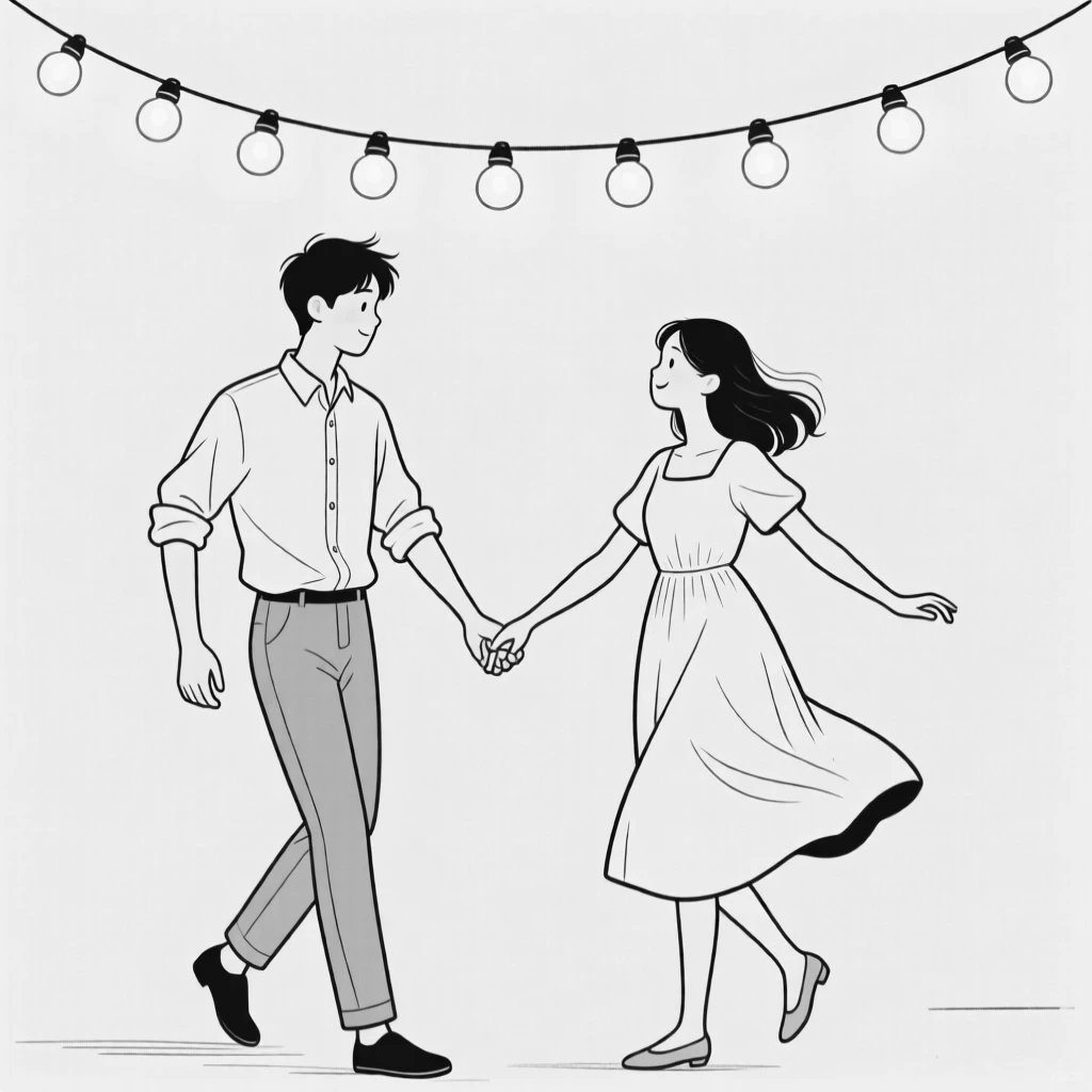 A young couple dancing under string lights