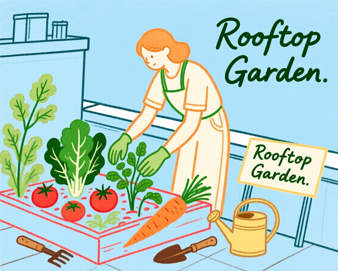 A person tending to a rooftop vegetable garden.