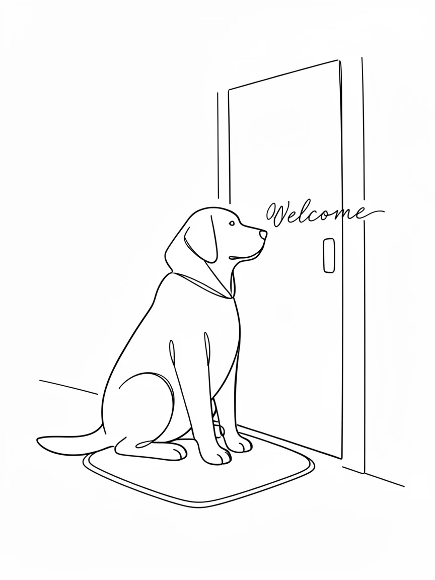 A dog wearing a raincoat, waiting patiently by the front door