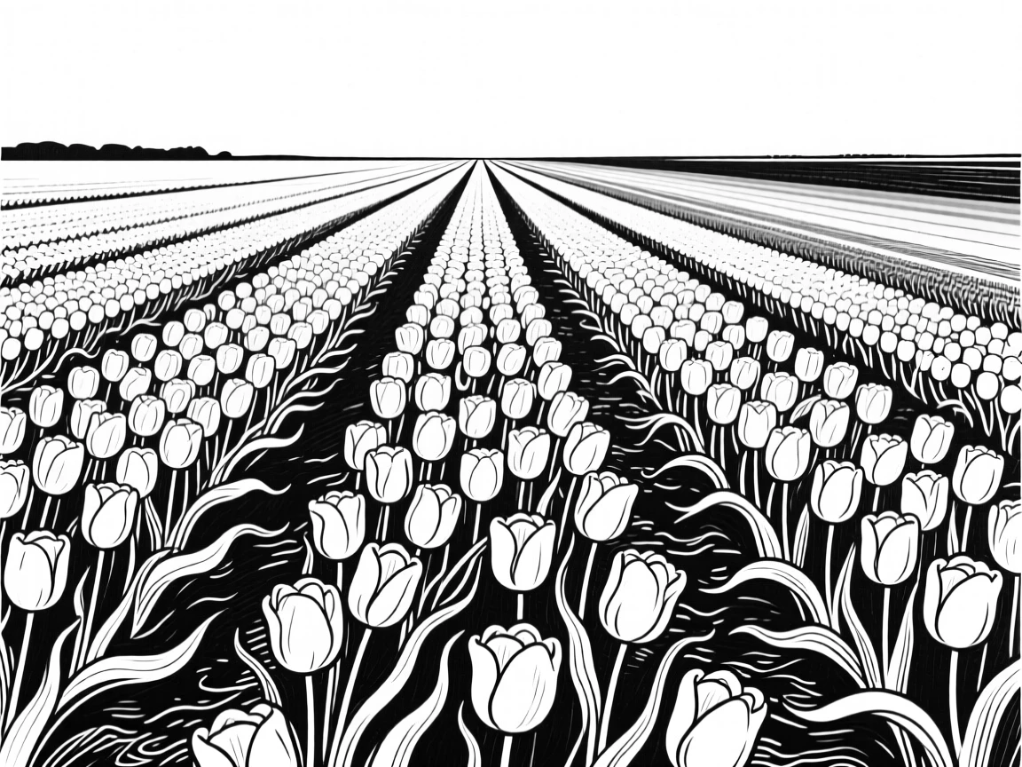 A field of tulips arranged in neat rainbow rows stretching into the distance.