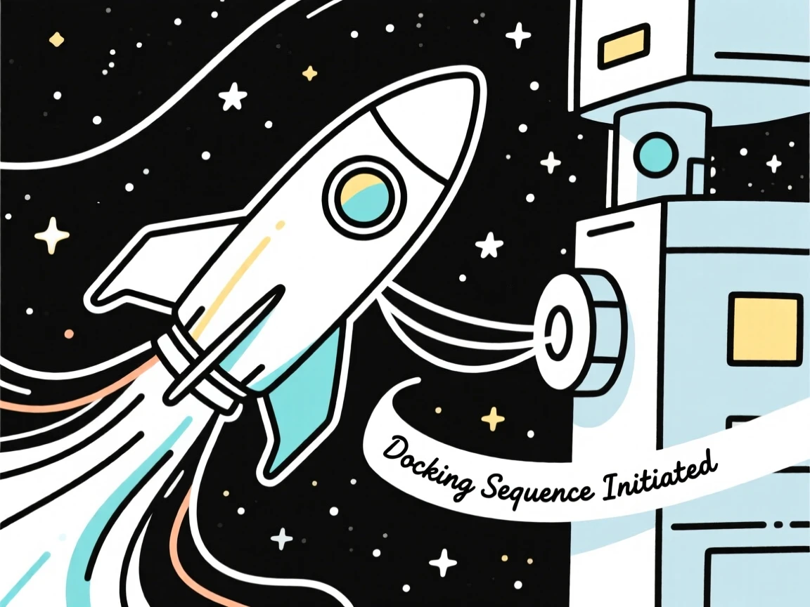 A rocket ship docking gently with a space station among the stars.