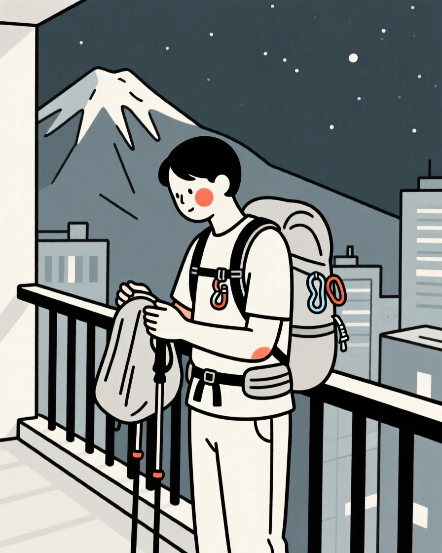 A mountain of hawaiian heritage guide checking gear, gazing thoughtfully into the distance, on a city balcony at night.