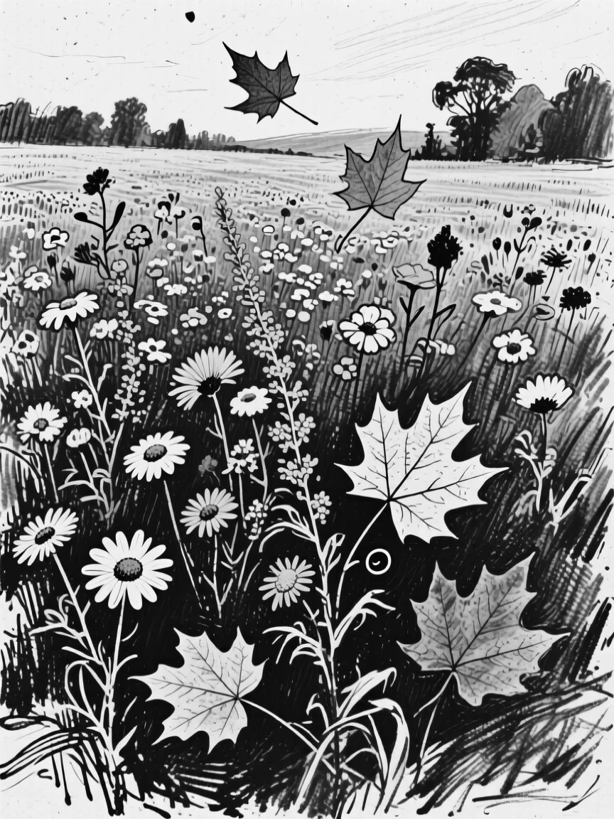 A field of wildflowers as autumn leaves drift on a gentle breeze.