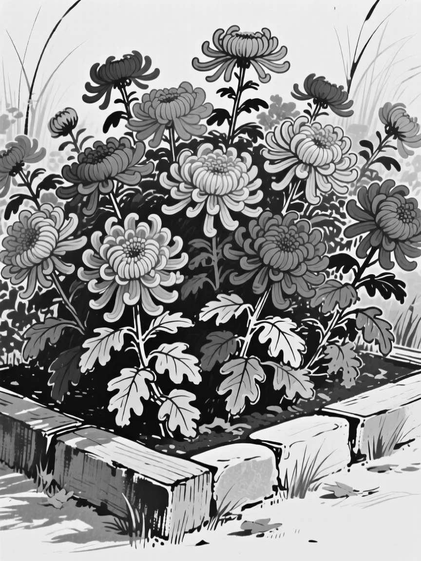 A cluster of chrysanthemums in warm autumn colors filling a garden bed.