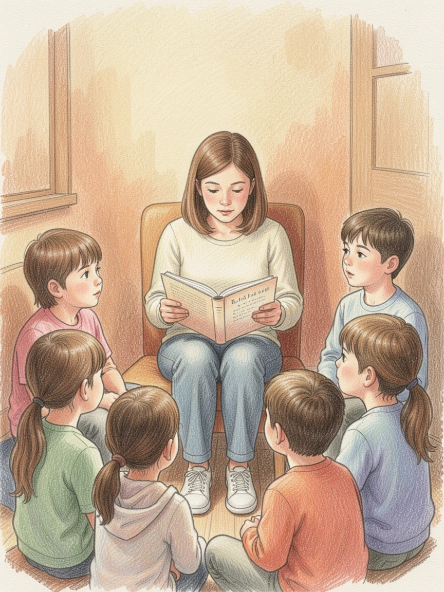 A teacher reading aloud to a circle of attentive children, with warm background tones that keep the focus on the subject, full of storytelling depth and quiet charm.