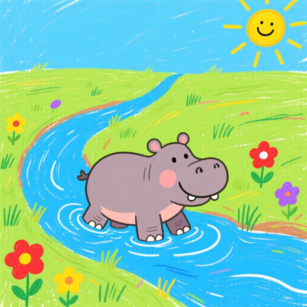 A hippopotamus wading in a river on a wide open grassy plain.