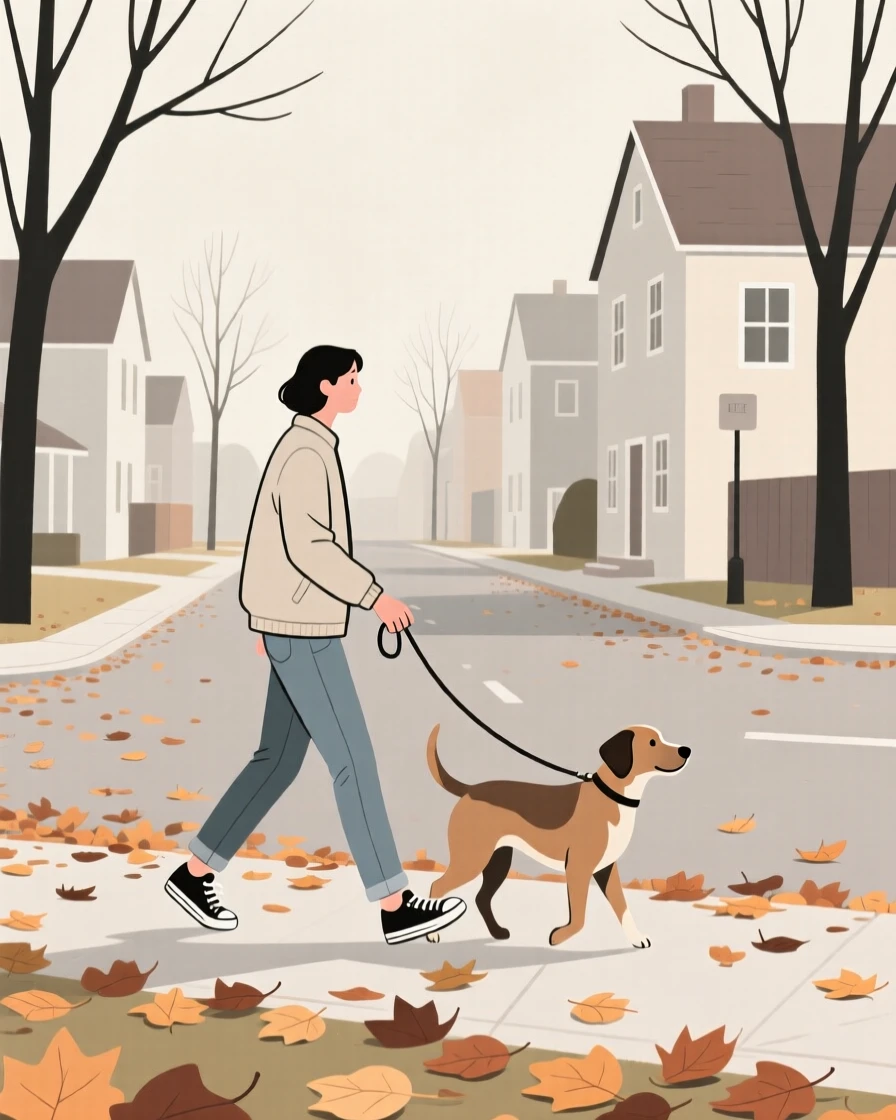 A person walking a dog through a quiet, leaf-covered neighborhood street.