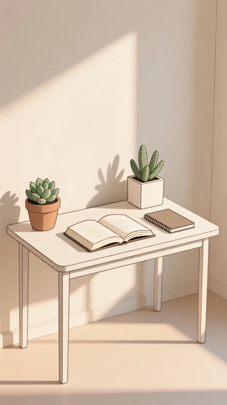 A morning scene of study desk resting in a minimalist studio beside potted succulents, radiating homey warmth.