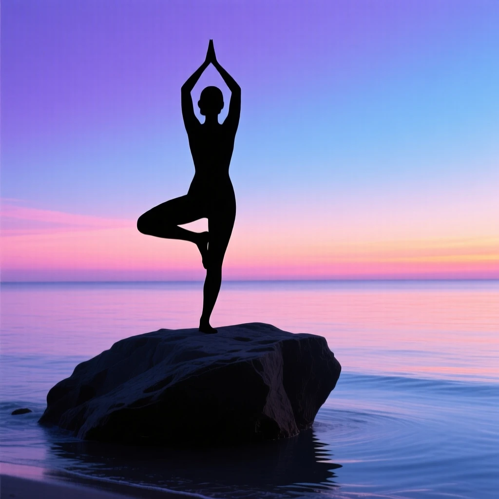 A figure in a yoga pose balanced on a rock at the edge of a calm ocean.