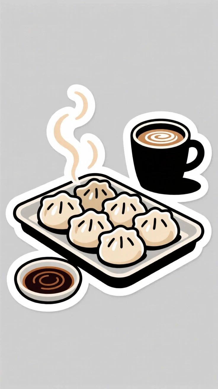 A fresh and juicy plate of fresh dumplings with dipping sauce, with steam gently rising, on a tray beside a cup of coffee.