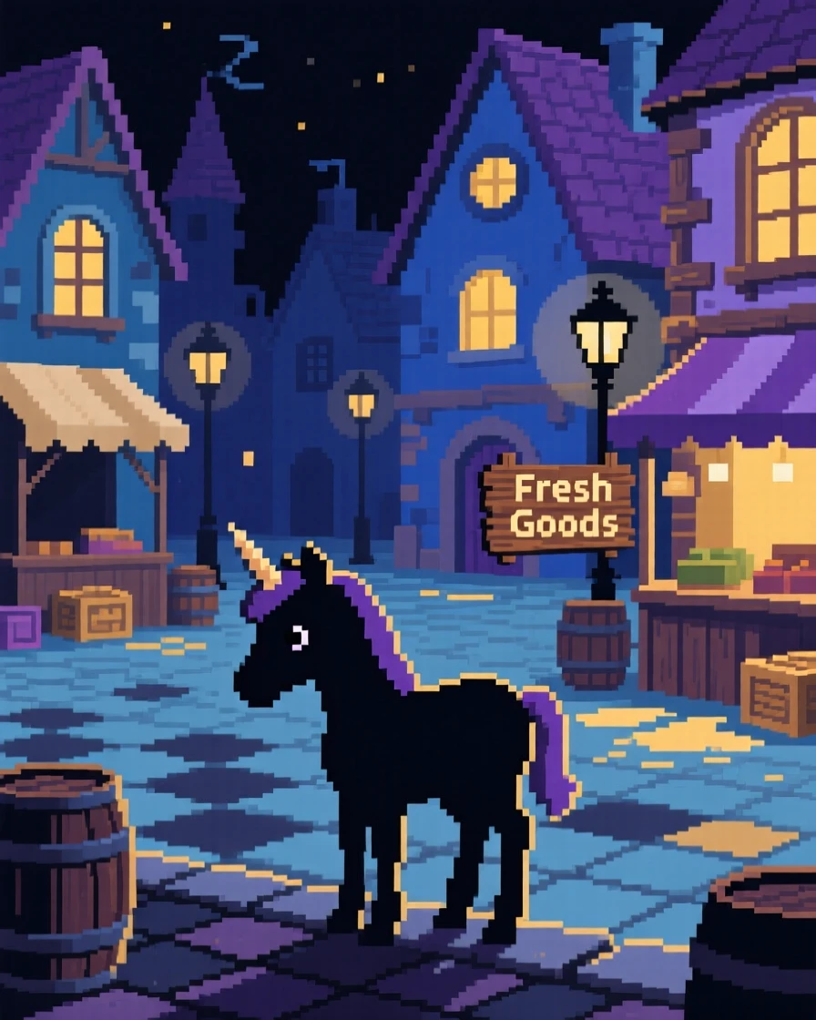 A shy unicorn foal watching over a sleeping village at night, in a market square of a fantasy town.