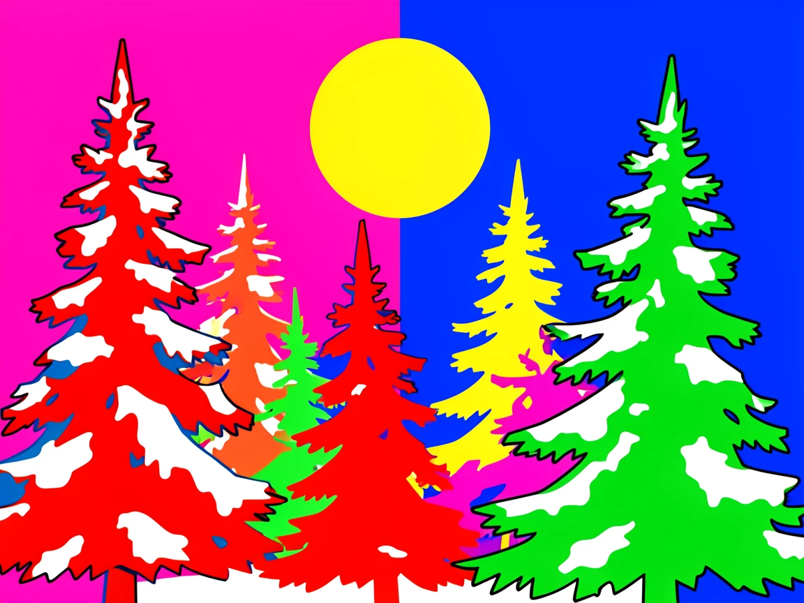 Snow-dusted pine forest under a full moon
