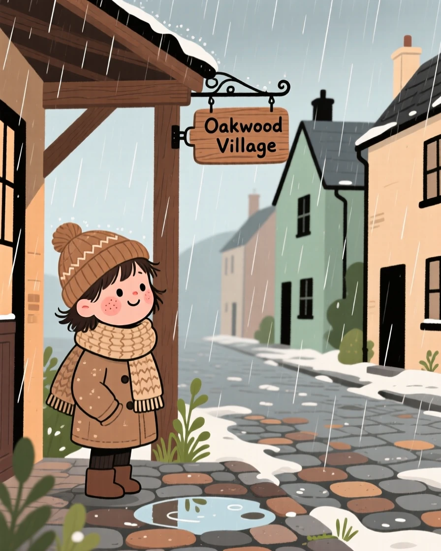 Soft rain falls over a quiet village street as a child watches from beneath a porch awning, wrapped warmly against the winter air.