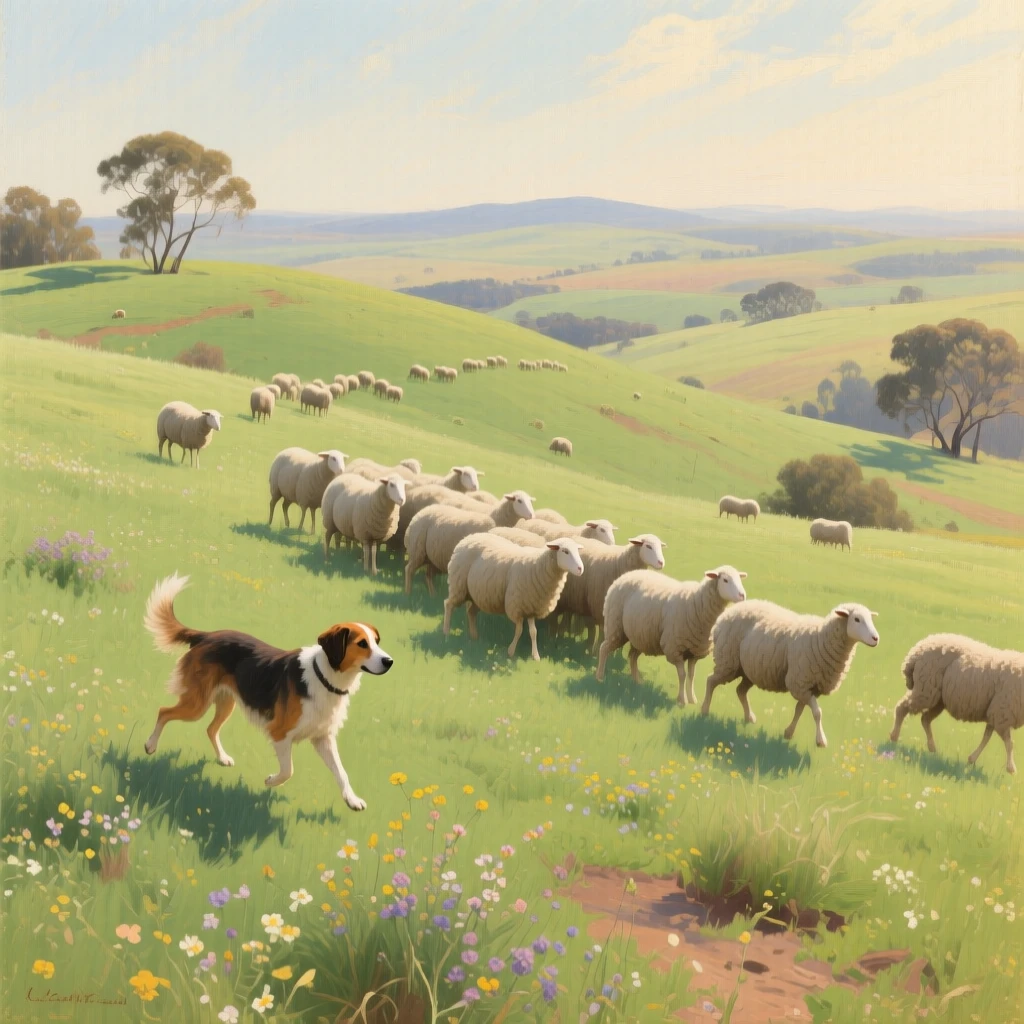 A panoramic view of a shepherd dog herding sheep across a rolling green hillside, in the Australian outback, in late spring, in bright warm sunshine.