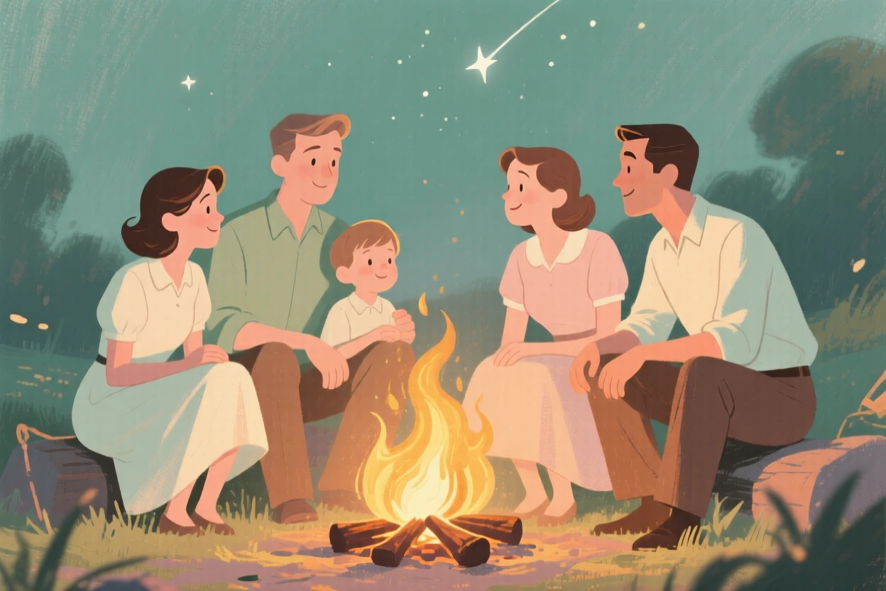 A family gathered around a crackling campfire under the stars