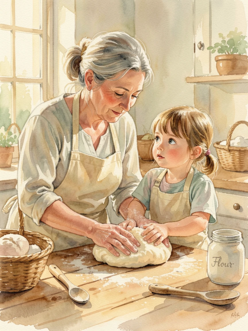 A grandmother teaching her granddaughter to bake bread in a moment of quiet togetherness.