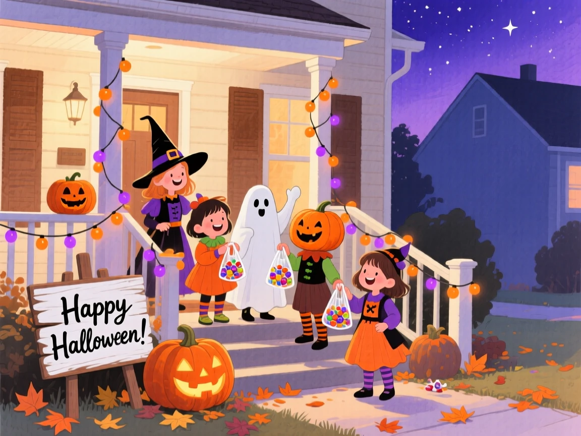 A joyful scene of a Halloween trick-or-treat evening, surrounded by colorful decorations, capturing the warmth of the celebration