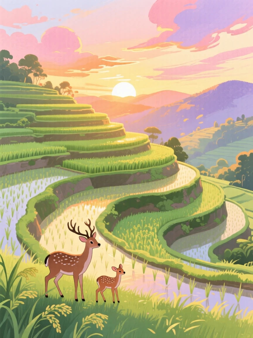 A tranquil rice terrace glowing at sunset, with a family of deer grazing quietly nearby, capturing the breathtaking beauty of untouched nature.