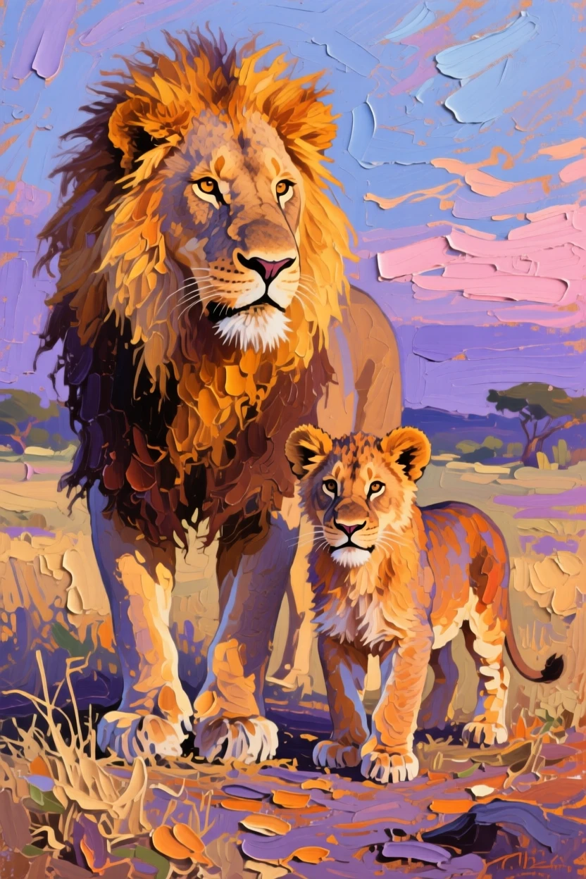a young lion standing beside its mother, in quiet evening light, from an inviting eye-level viewpoint.